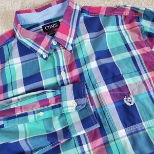CHAPS Button Up Shirt Men's Long Sleeves Blue and Green Plaid Size XXL